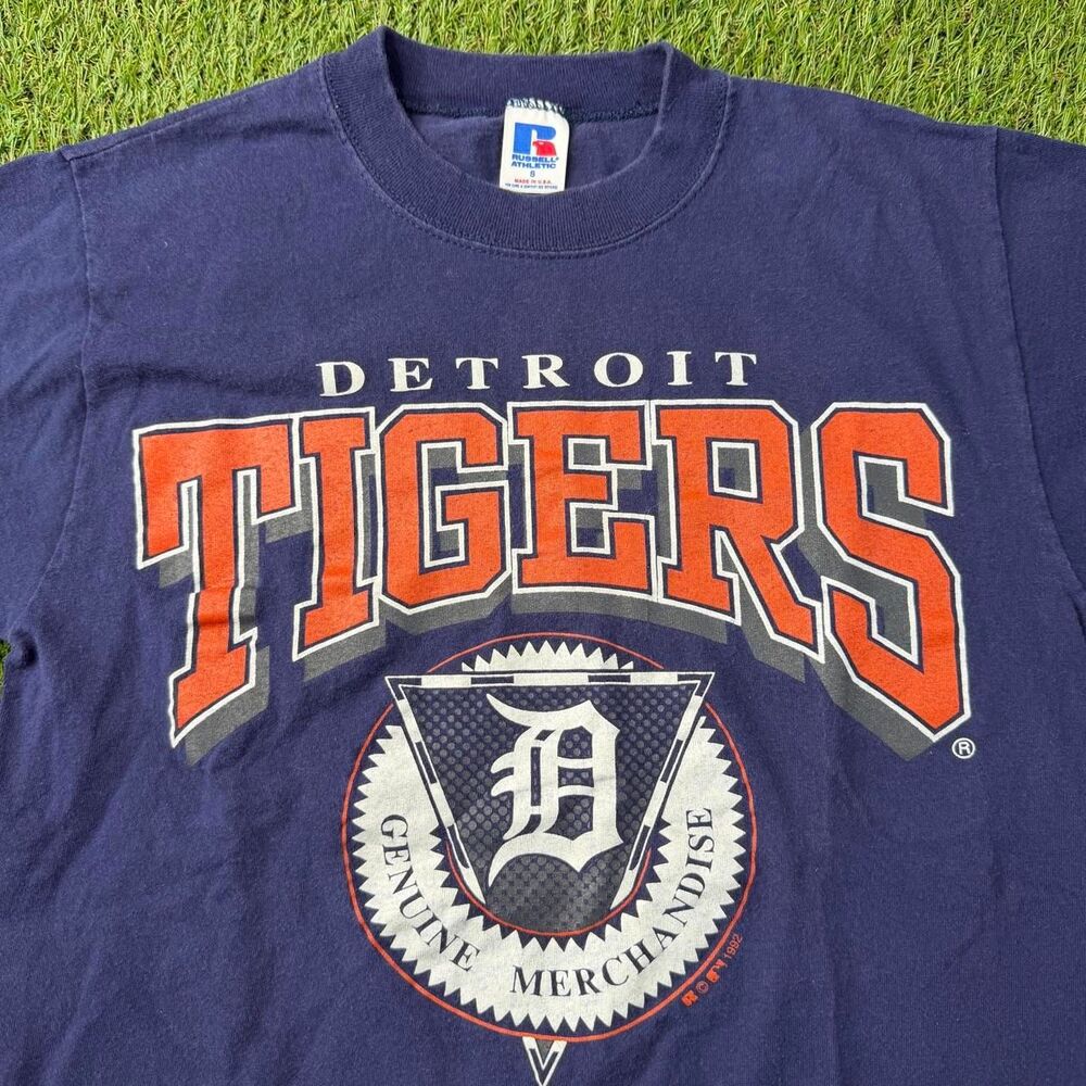 Vtg Detroit Tigers Russell Athletic Shirt Small Blue Distressed MLB 90s USA